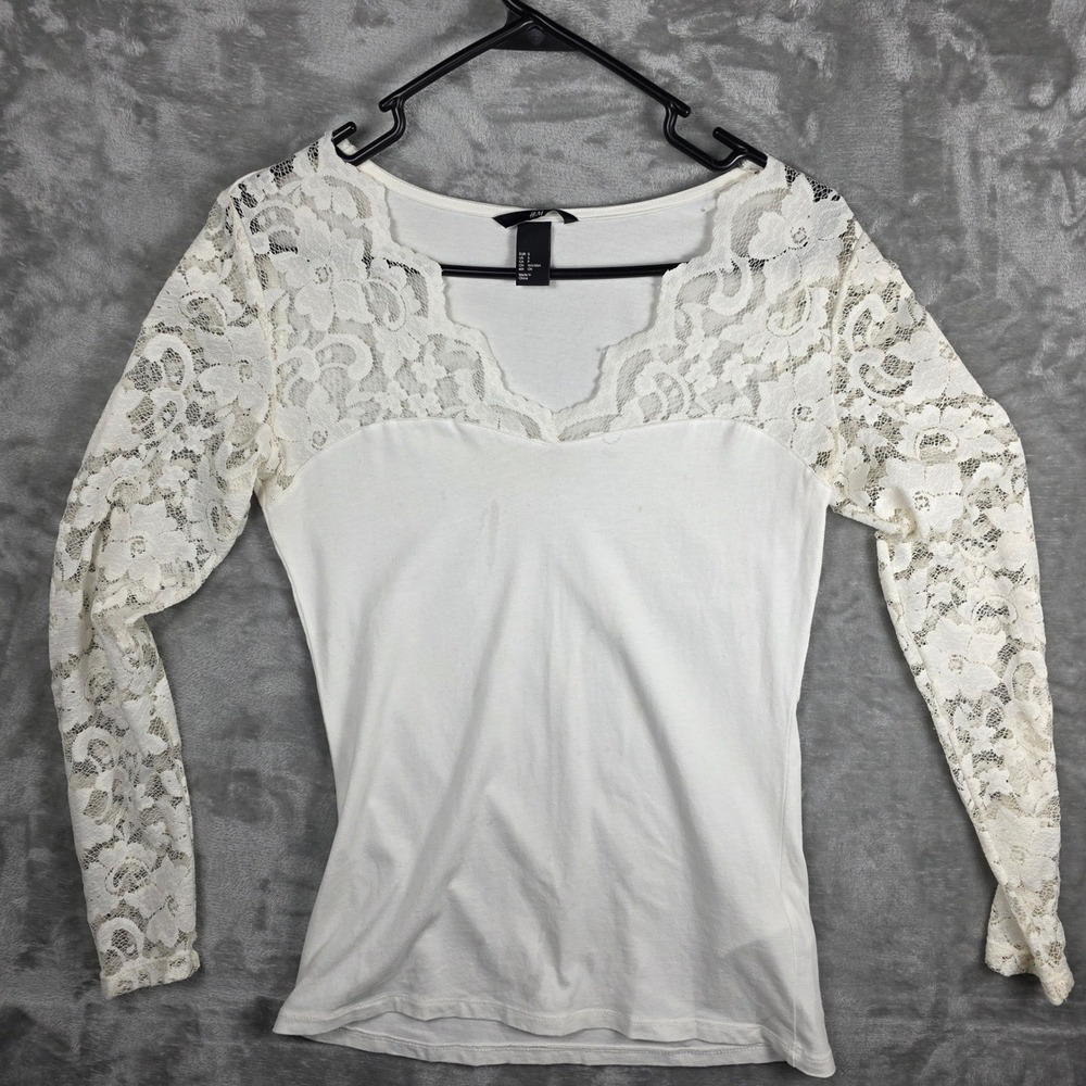 H&M Women's Lace Trim Long Sleeve Top White Size Small As Is